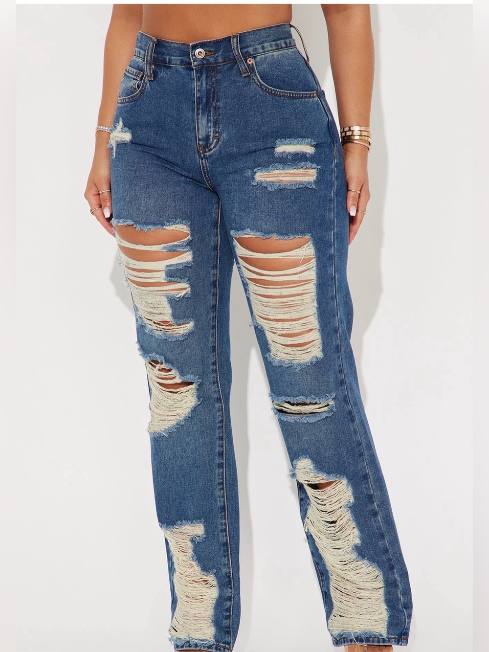 Fashion Nova Distressed Dark Blue Straight Leg Jeans